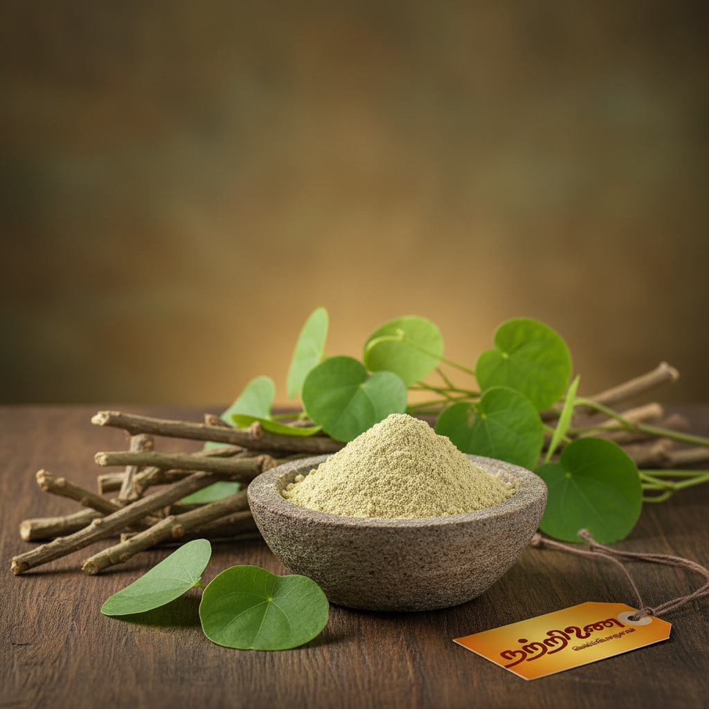 Seenthi Kodi Giloy powder and dried stems with green leaves on wooden surface and Nattrinai saffron logo tag