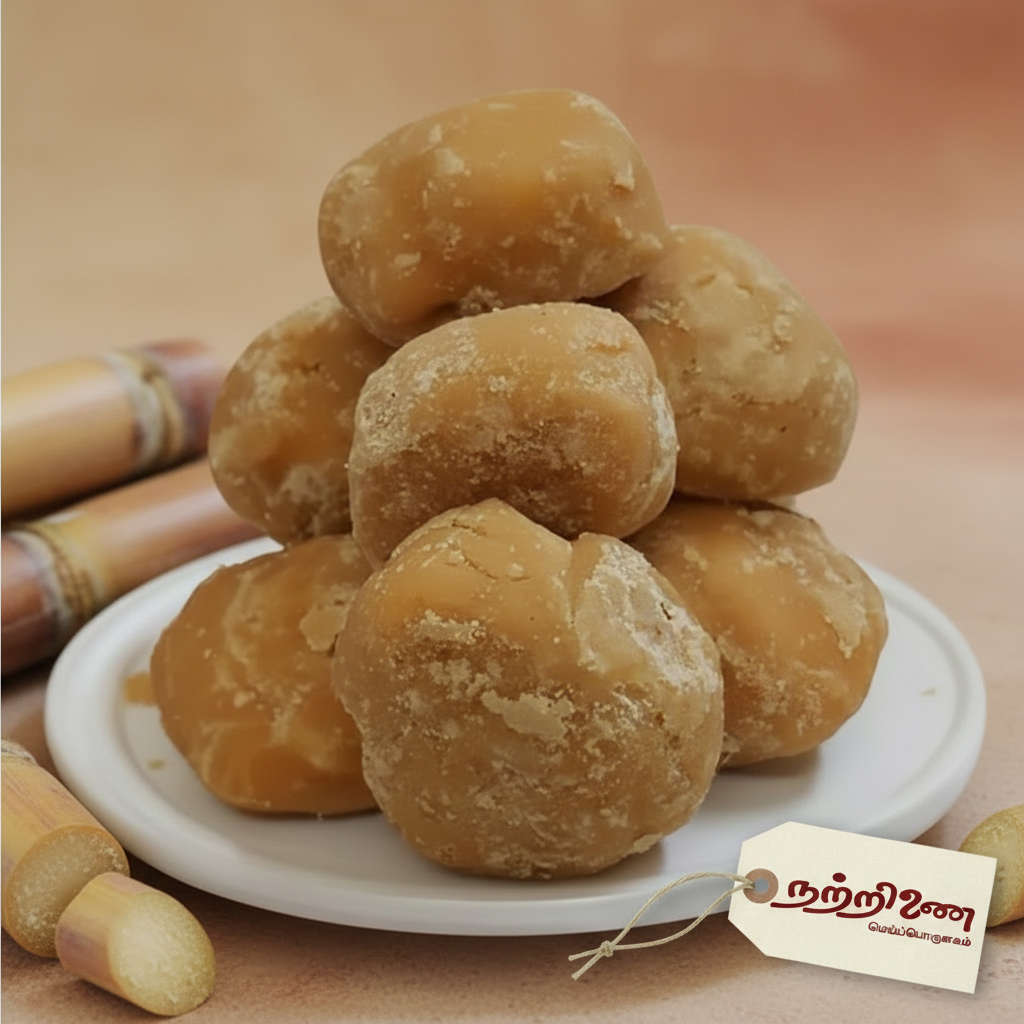Urundai Vellam jaggery balls with warm earthy background and Nattrinai logo tag