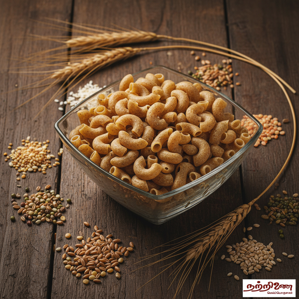Uncooked nine-grain navathaniya elbow macaroni pasta in a clear glass bowl on rustic wooden background with mixed grains and wheat stalks