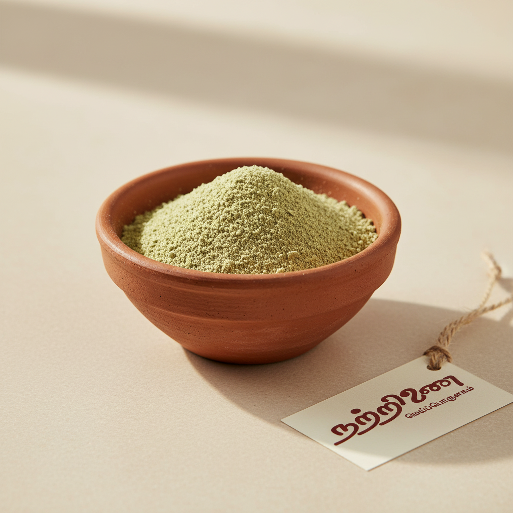 Keelanelli Podi in terracotta bowl with Nattrinai Organic logo tag