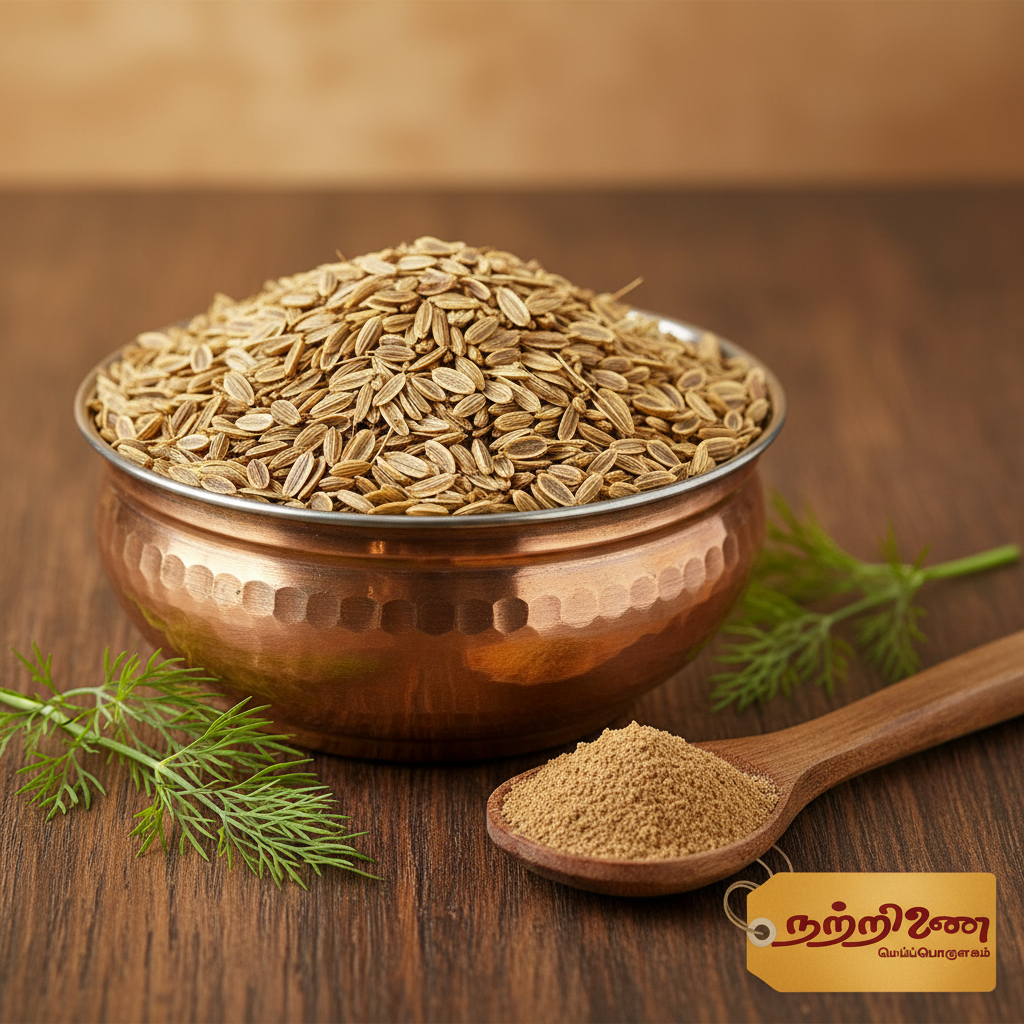 Sathakuppai dill seeds in brass bowl with powder and fresh dill fronds and Nattrinai saffron logo tag