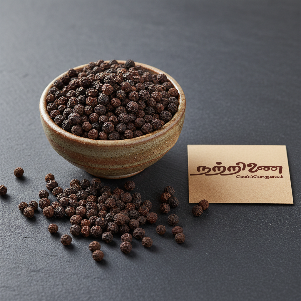 Nattrinai Vaai Vidangam Embelia ribes dried berries in a ceramic bowl on dark slate surface with brand tag placed flat beside it