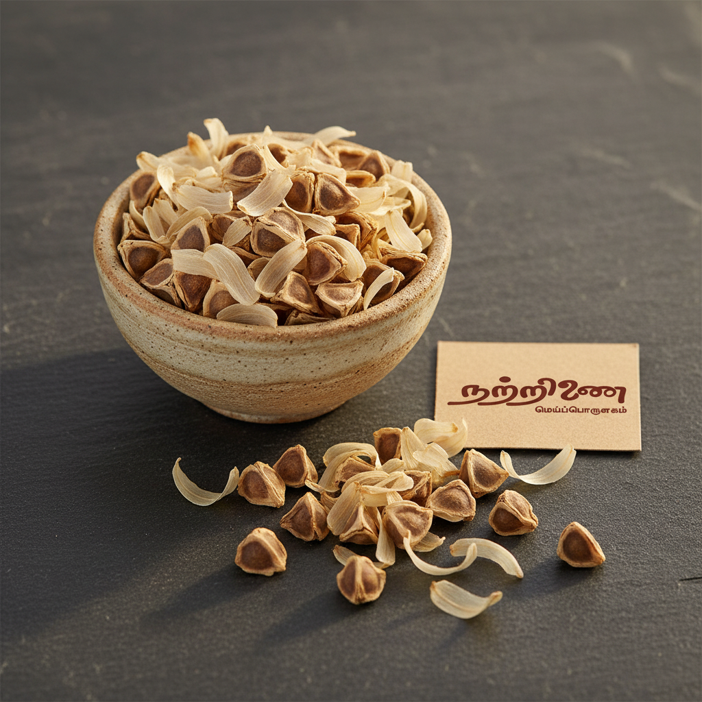 Nattrinai Murungai Vidhai dried drumstick moringa seeds in a ceramic bowl on dark slate surface with brand tag placed flat beside it
