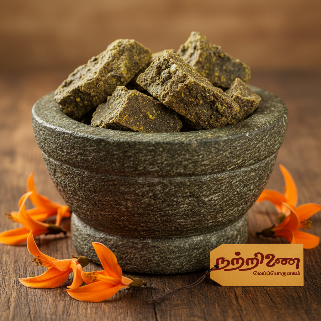 Kambali Pisin flame of the forest gum in stone mortar with orange flowers and Nattrinai saffron logo tag