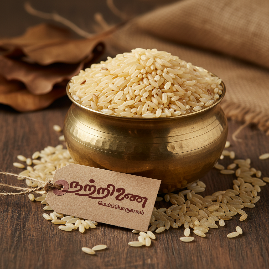 Sengalpattu Sirumeni short plump golden cream rice grains in brass vessel with Nattrinai tag