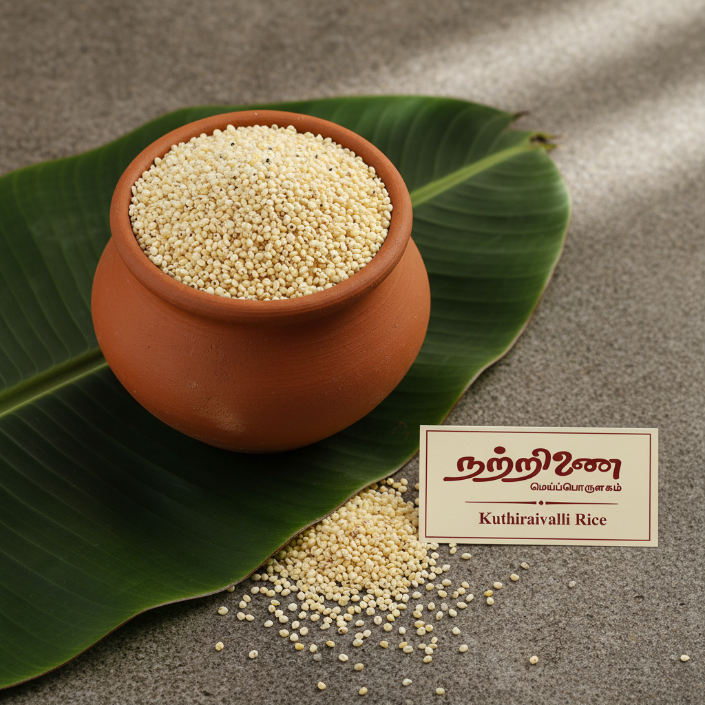 Kuthiraivalli Rice in clay pot with Nattrinai brand tag