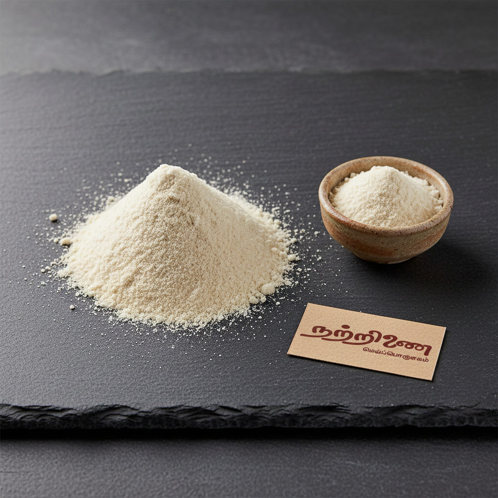 Nattrinai Muktha Powder pale cream-white Siddha herbal powder on dark slate surface with brand tag placed flat beside it