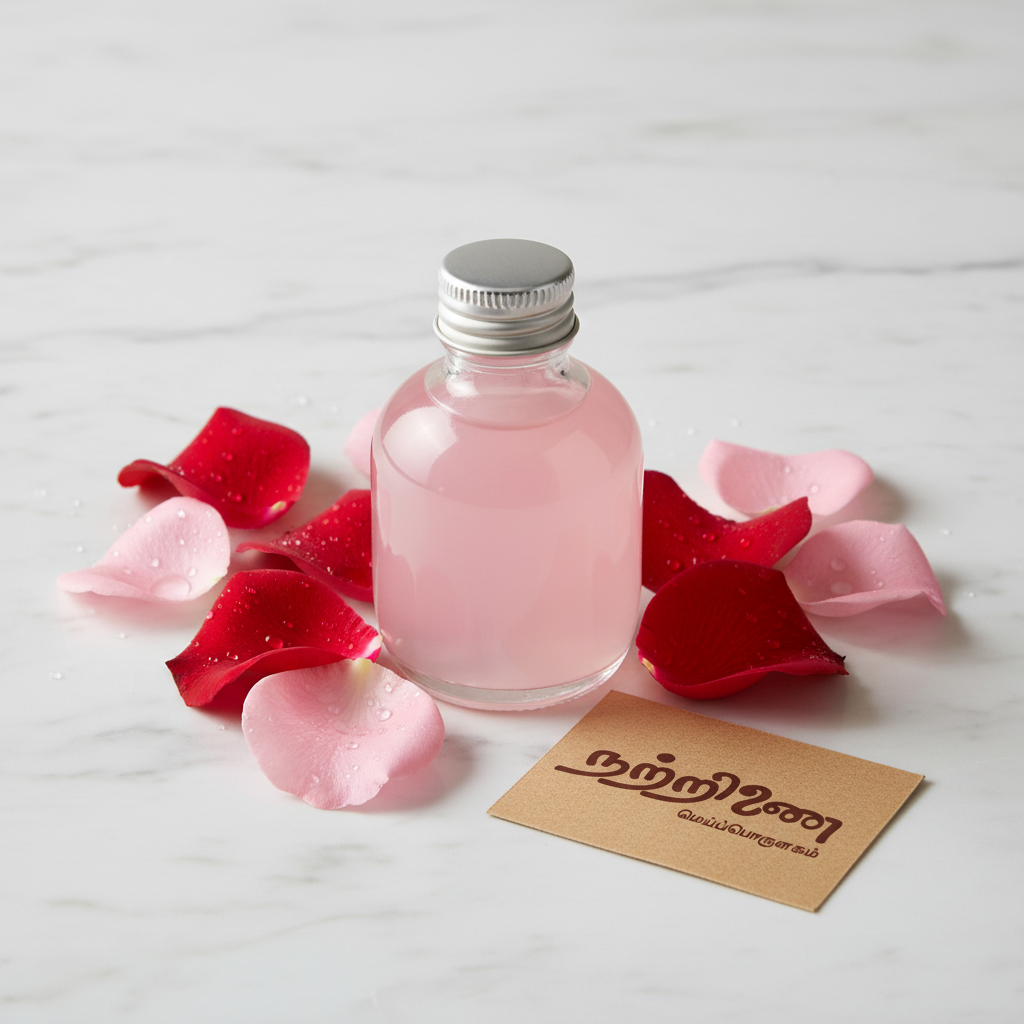 Nattrinai Rose Water in a clear glass bottle surrounded by fresh rose petals on white marble surface with brand tag placed flat beside it