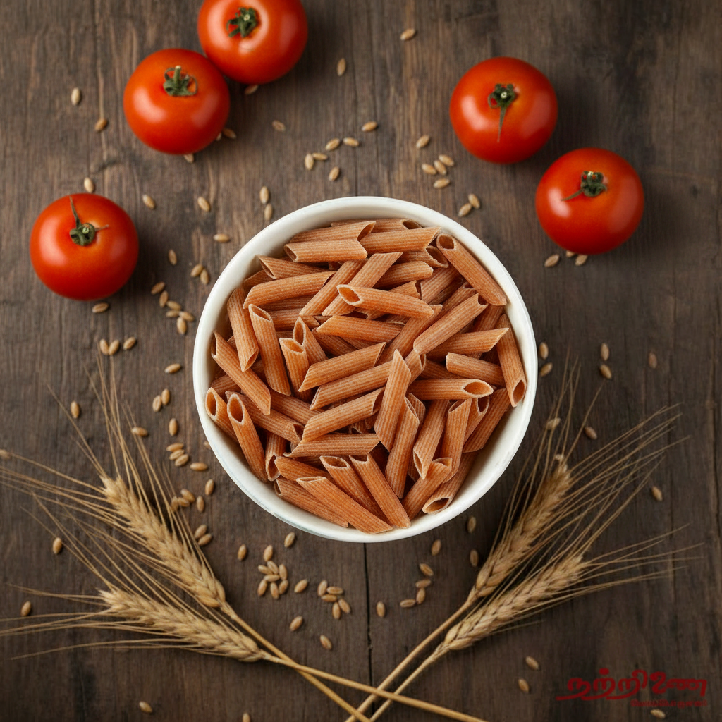 Uncooked tomato whole wheat penne pasta in a white ceramic bowl on rustic wooden background with fresh tomatoes and wheat stalks