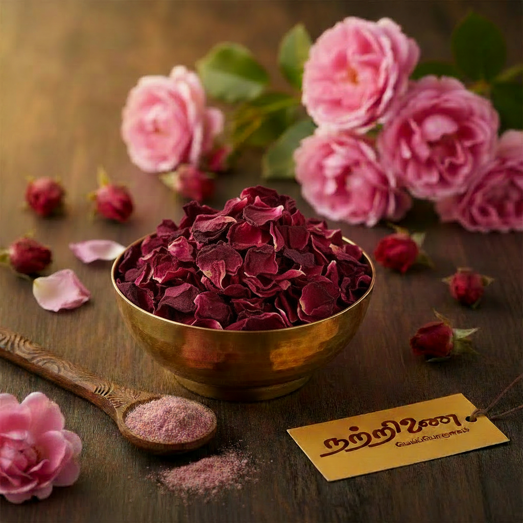 Paneer Poo dried crimson Damask rose petals in brass bowl with powder spoon and fresh pink roses and Nattrinai saffron logo tag