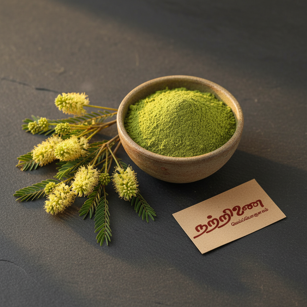 Nattrinai Arappu Shikakai bright green powder in a ceramic bowl with plant sprigs on dark slate surface with brand tag placed flat beside it