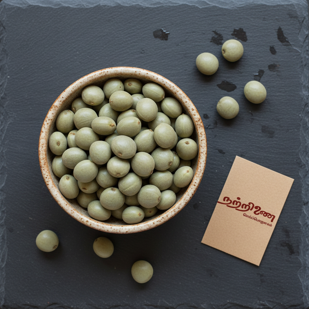 Nattrinai Kalachikai Fever Nut Caesalpinia bonduc smooth oval grey-green seeds in a ceramic bowl on dark slate surface with brand tag placed flat beside it