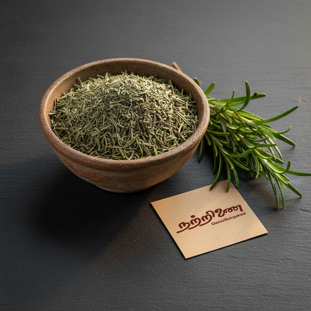 Nattrinai Rose Merry dried rosemary in a ceramic bowl with fresh rosemary sprigs on dark slate surface with brand tag placed flat beside it