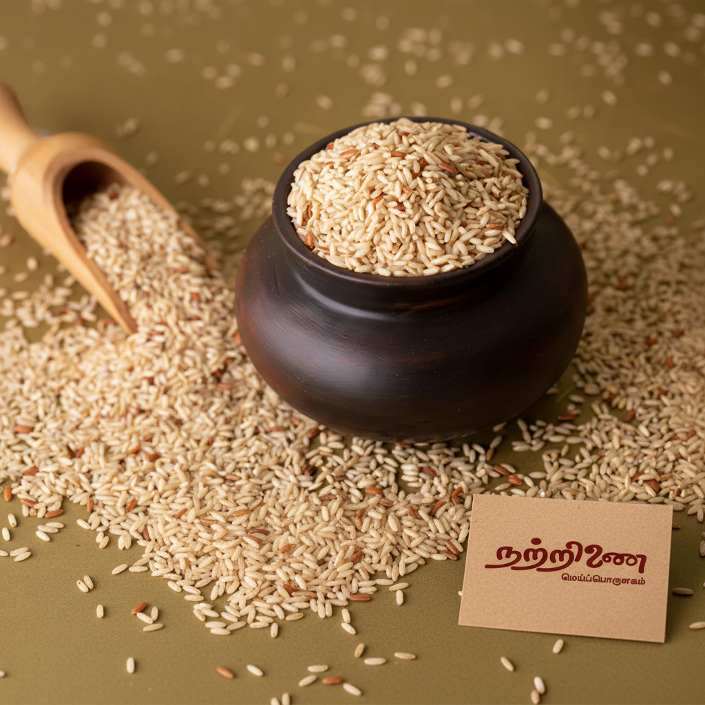 Nattrinai Ellupai Poo Samba Rice in a dark clay pot with wooden scoop and scattered grains on warm surface with brand tag placed flat beside it