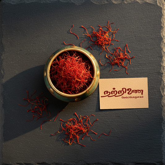 Nattrinai Kunkuma Poo pure saffron threads in a brass bowl on dark slate surface with brand tag placed flat beside it