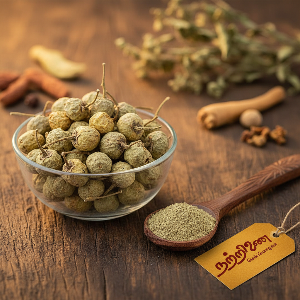 Kandankathiri dried berries and powder with earthy background and Nattrinai saffron logo tag