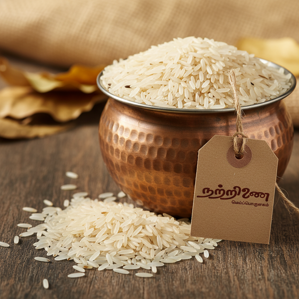 Kaalanamak aromatic heritage rice long slender grains in brass vessel with Nattrinai tag