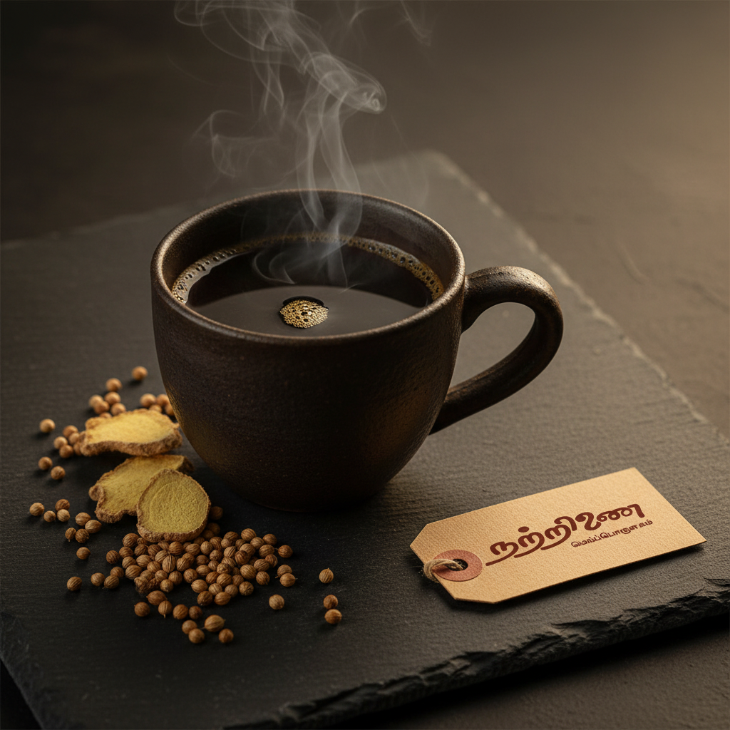 Nattrinai Sukku Malli Coffee in a rustic ceramic cup with dry ginger and coriander seeds, brand tag placed beside on dark wooden surface