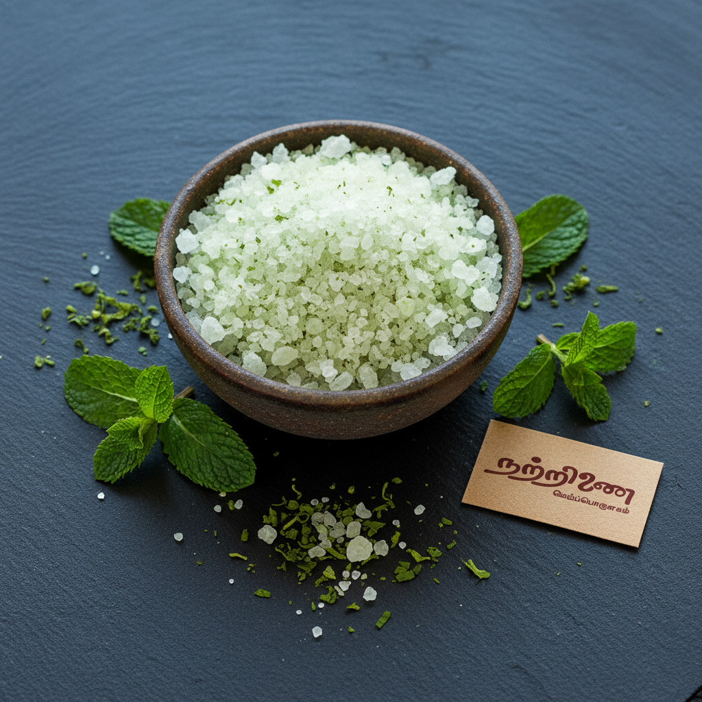 Nattrinai Puthina Uppu mint salt in a ceramic bowl with fresh mint leaves on dark slate surface with brand tag placed flat beside it