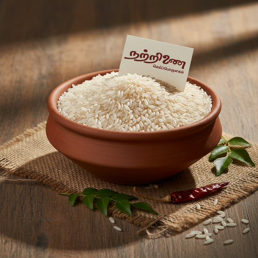 White Dosa Rice in a handmade clay bowl with Nattrinai Tamil tag, rustic wooden table