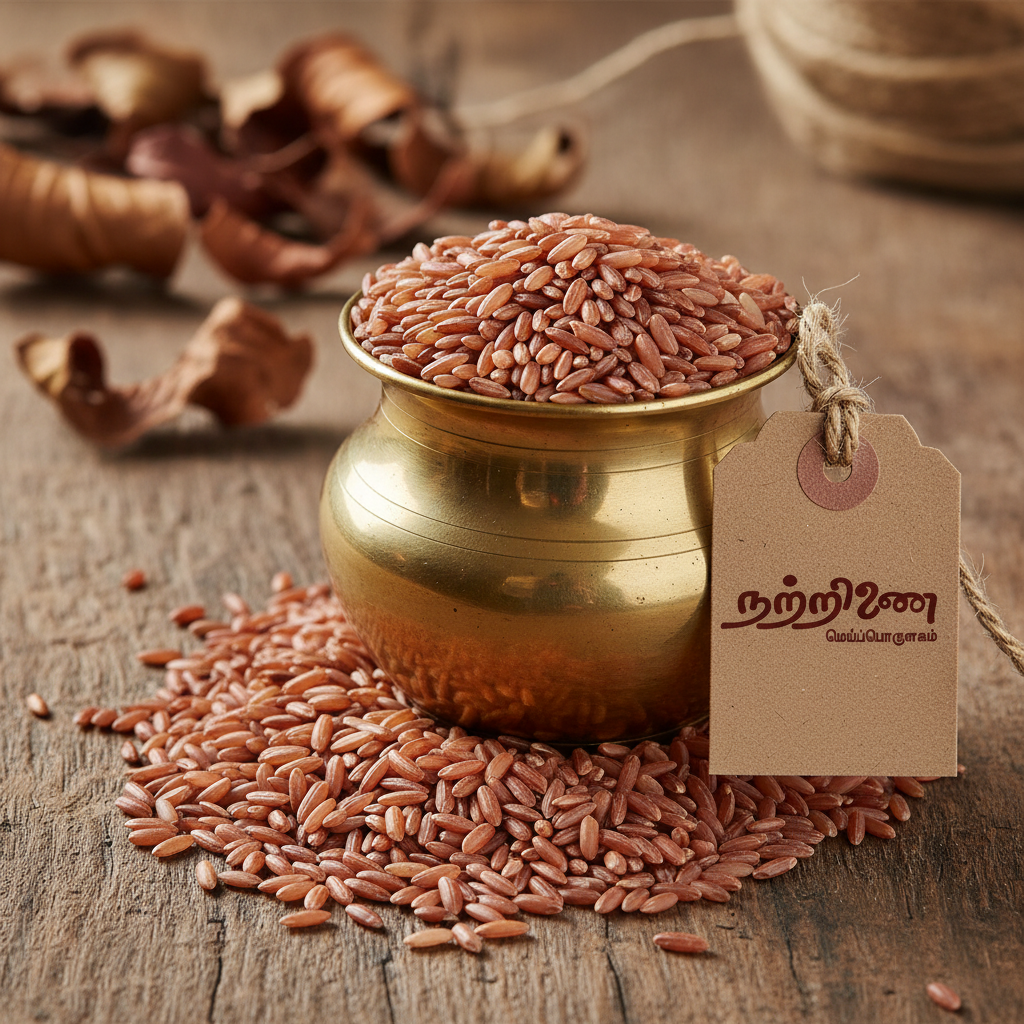 Kudavalai pinkish-red rice grains in brass copper vessel with Nattrinai tag