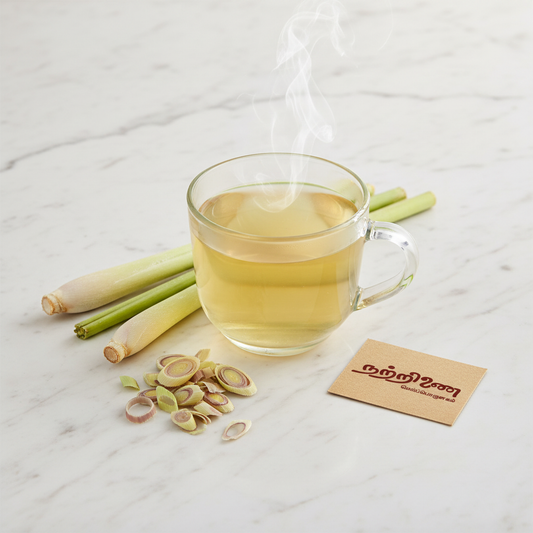 Nattrinai Lemon Grass Tea in a clear glass cup with fresh lemongrass stalks and Nattrinai brand tag placed flat beside it