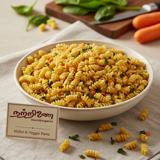 Millet & Veggie Pasta in ceramic bowl with Nattrinai brand tag