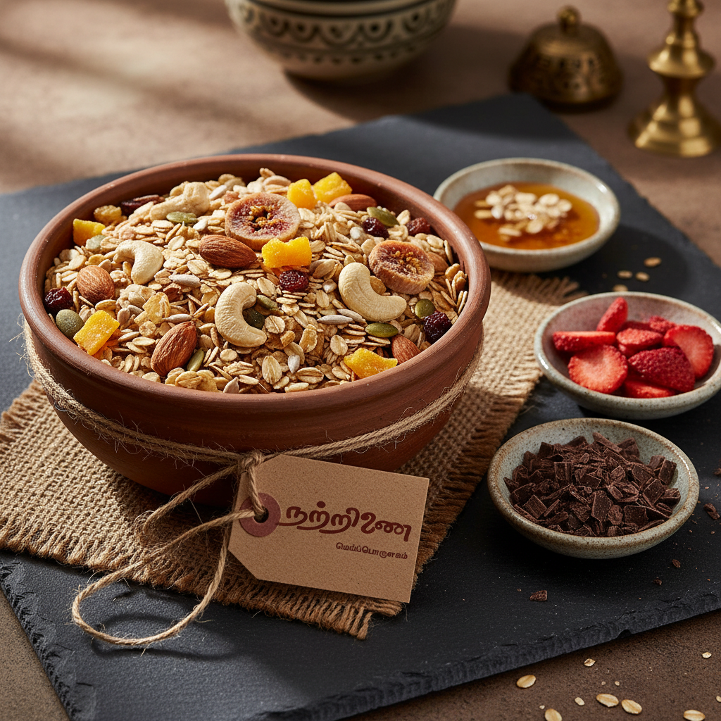 Nattrinai Muesli in a rustic bowl with honey, chocolate and strawberry variants on dark wooden surface