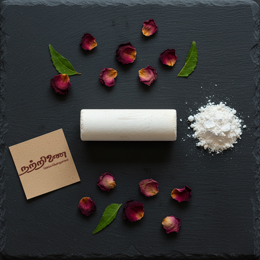 Nattrinai Namakatti natural clay stick with clay powder and dried petals on dark slate surface with brand tag placed flat beside it