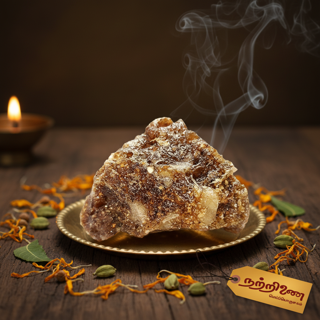 Saambarani benzoin resin on brass plate with incense smoke and Nattrinai saffron logo tag