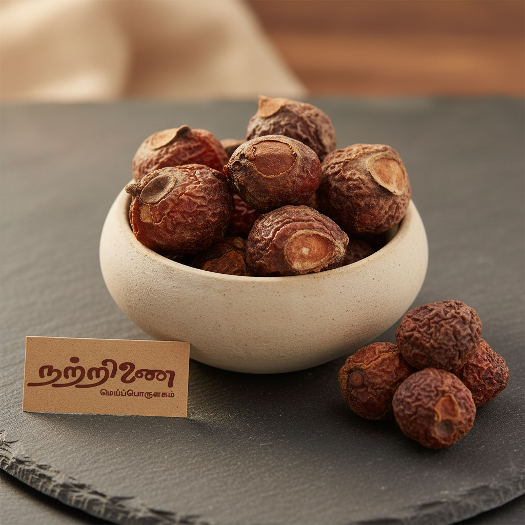 Nattrinai Poochikai dried soapnut berries Sapindus emarginatus in a ceramic bowl on dark slate surface with brand tag placed flat beside it