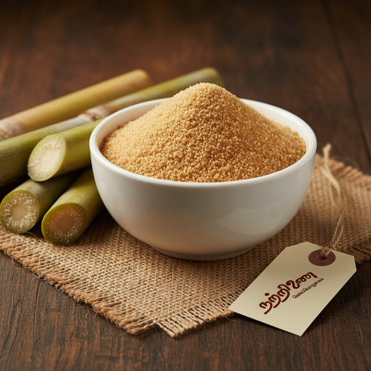 Natural Khandsari sugar in white ceramic bowl with sugarcane stalks and Nattrinai logo tag