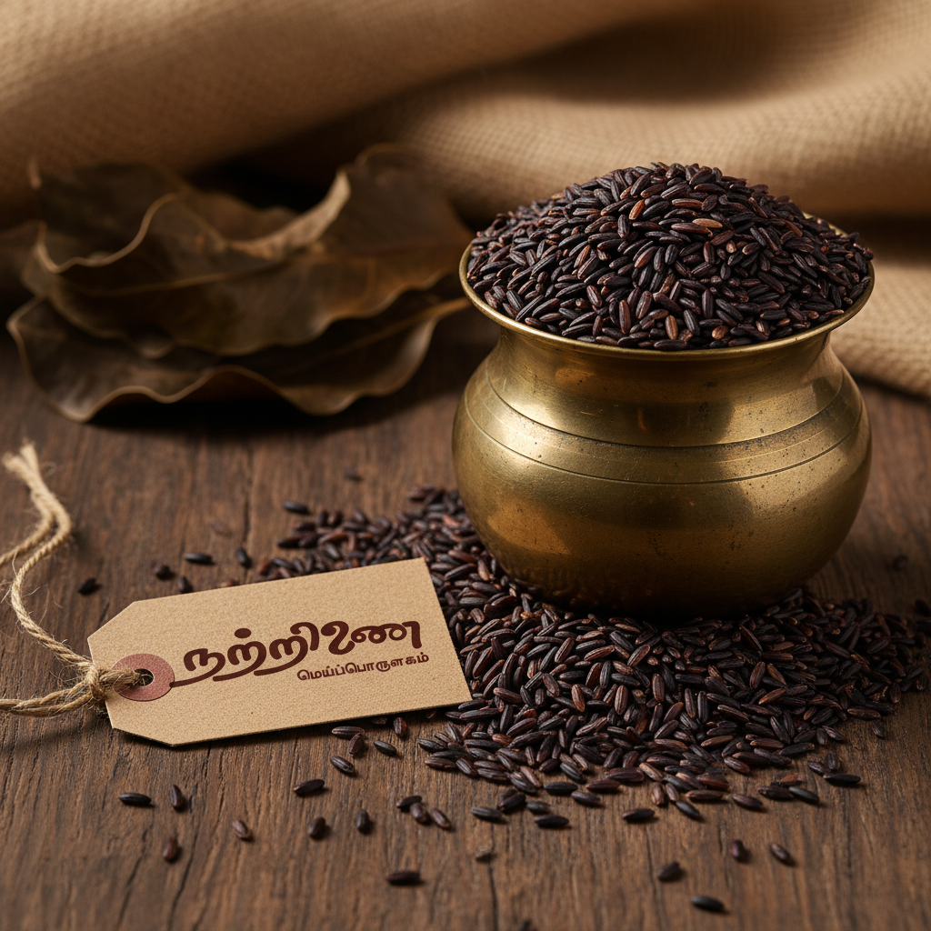 Karunguruvai dark black-brown aromatic rice grains in brass vessel with Nattrinai tag