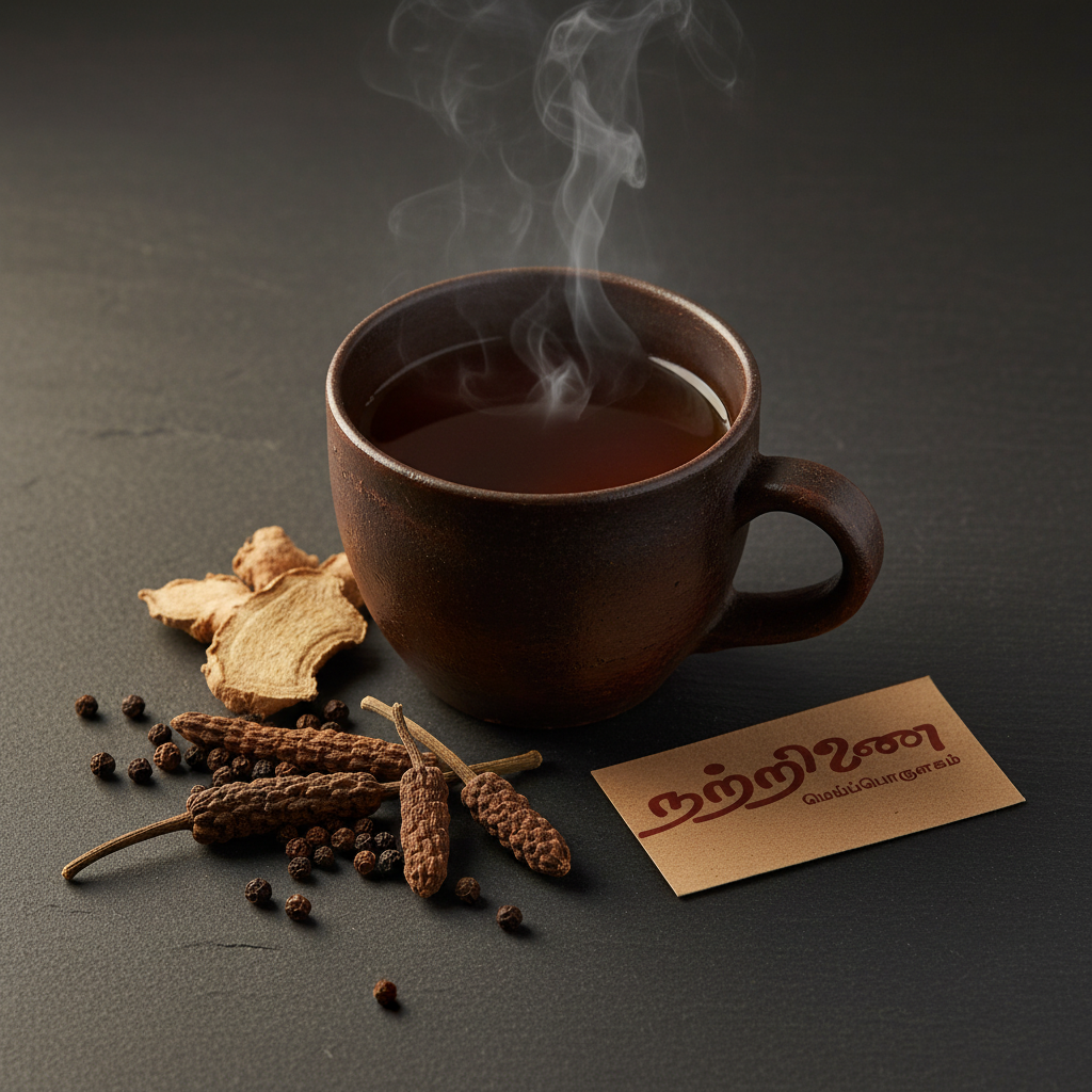 Nattrinai Thirikaduga Tea in a rustic ceramic cup with dry ginger, black pepper and long pepper beside it, brand tag placed flat on dark surface