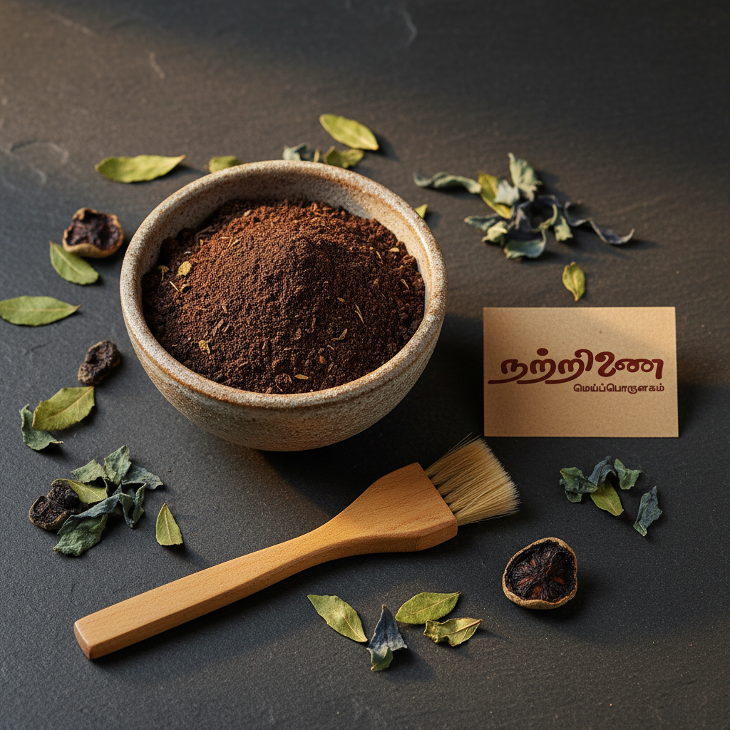 Nattrinai Natural Hair Dye powder in a ceramic bowl with henna leaves, indigo and amla on dark slate surface with brand tag placed flat beside it