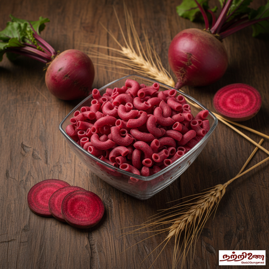 Uncooked beetroot-infused elbow macaroni pasta in a clear glass bowl on rustic wooden background with fresh beetroots and wheat stalks