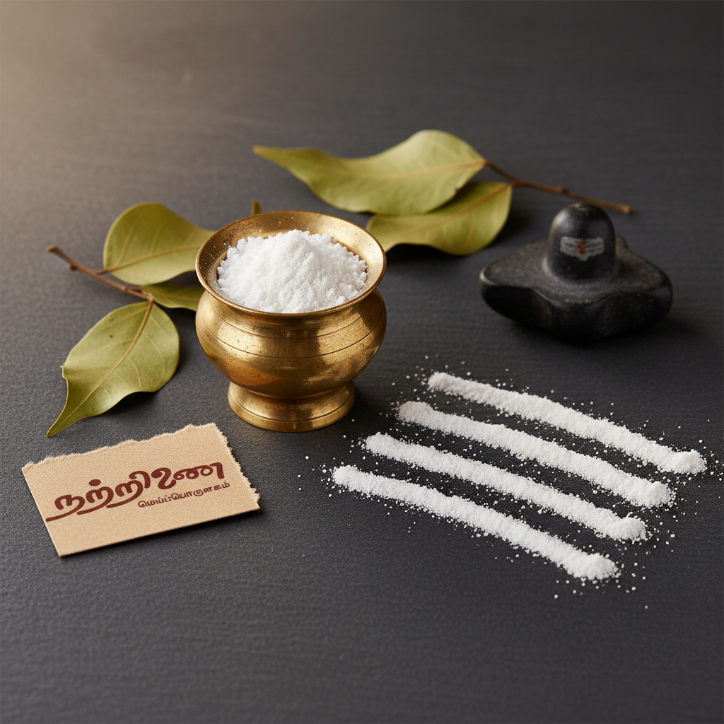 Nattrinai Thiruneer sacred white ash in a traditional container with bilva leaves and three ash lines on dark slate surface with brand tag placed flat beside it