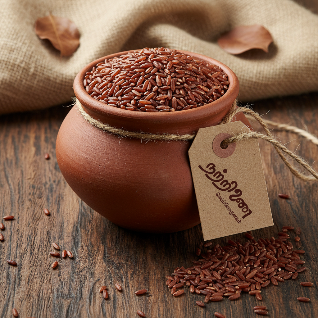 Kullakkar heritage red rice grains in clay pot with Nattrinai tag