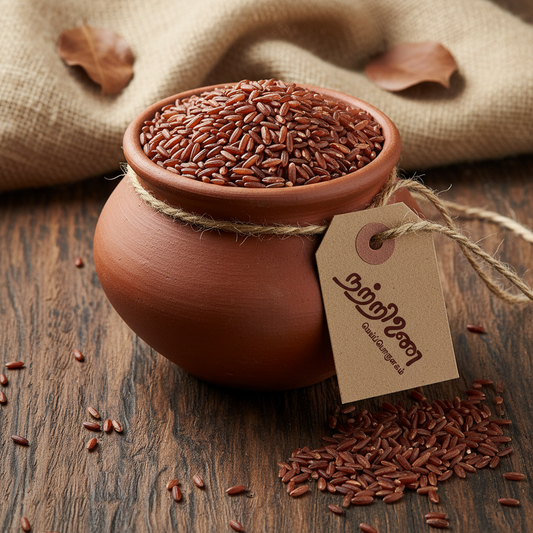 Kullakkar heritage red rice grains in clay pot with Nattrinai tag