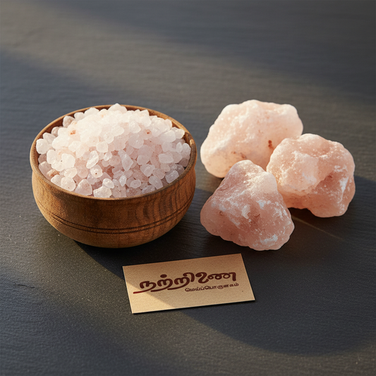 Nattrinai Indhu Uppu natural rock salt crystals in a wooden bowl with raw salt chunks on dark slate surface with brand tag placed flat beside it