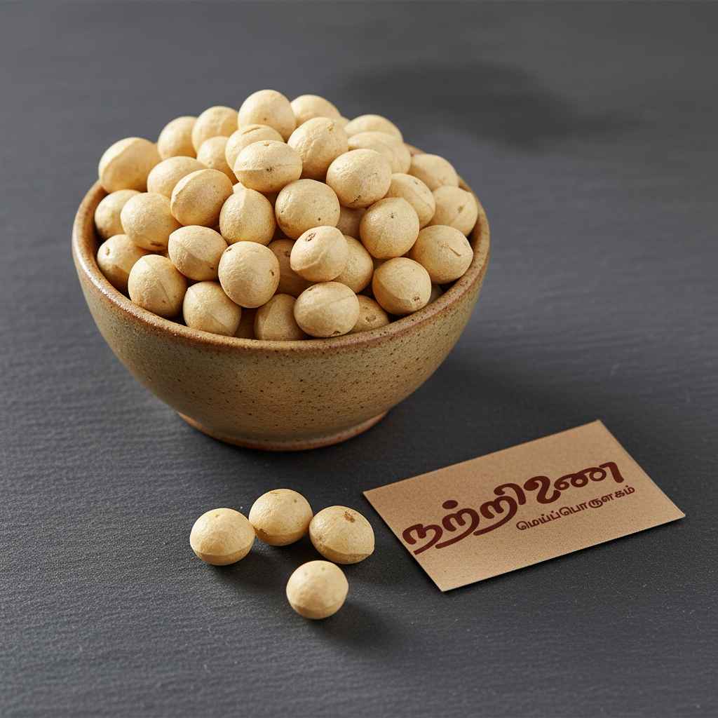 Nattrinai Thethan Kottai round pale cream-yellow seeds in a ceramic bowl on dark slate surface with brand tag placed flat beside it
