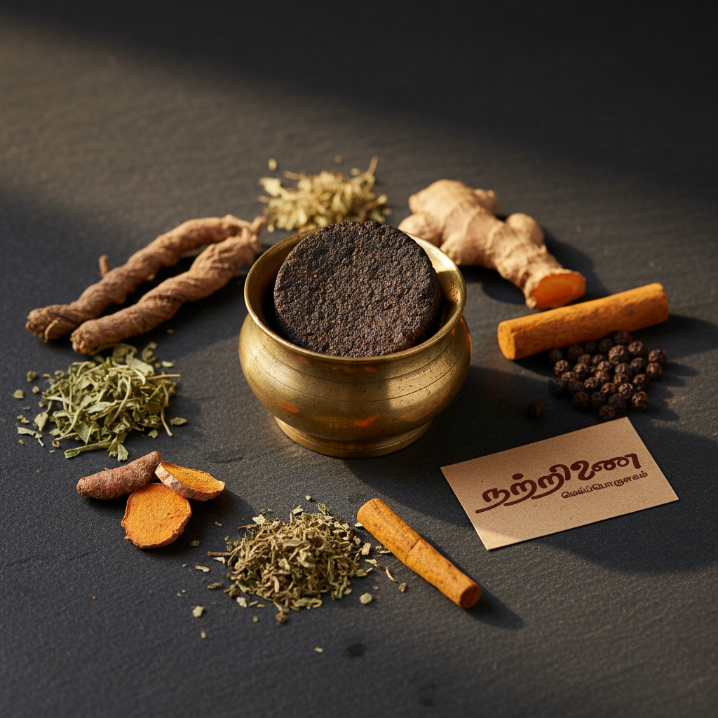 Nattrinai Urai Marunthu traditional Siddha herbal medicine in a brass container with dried herbs on dark slate surface with brand tag placed flat beside it