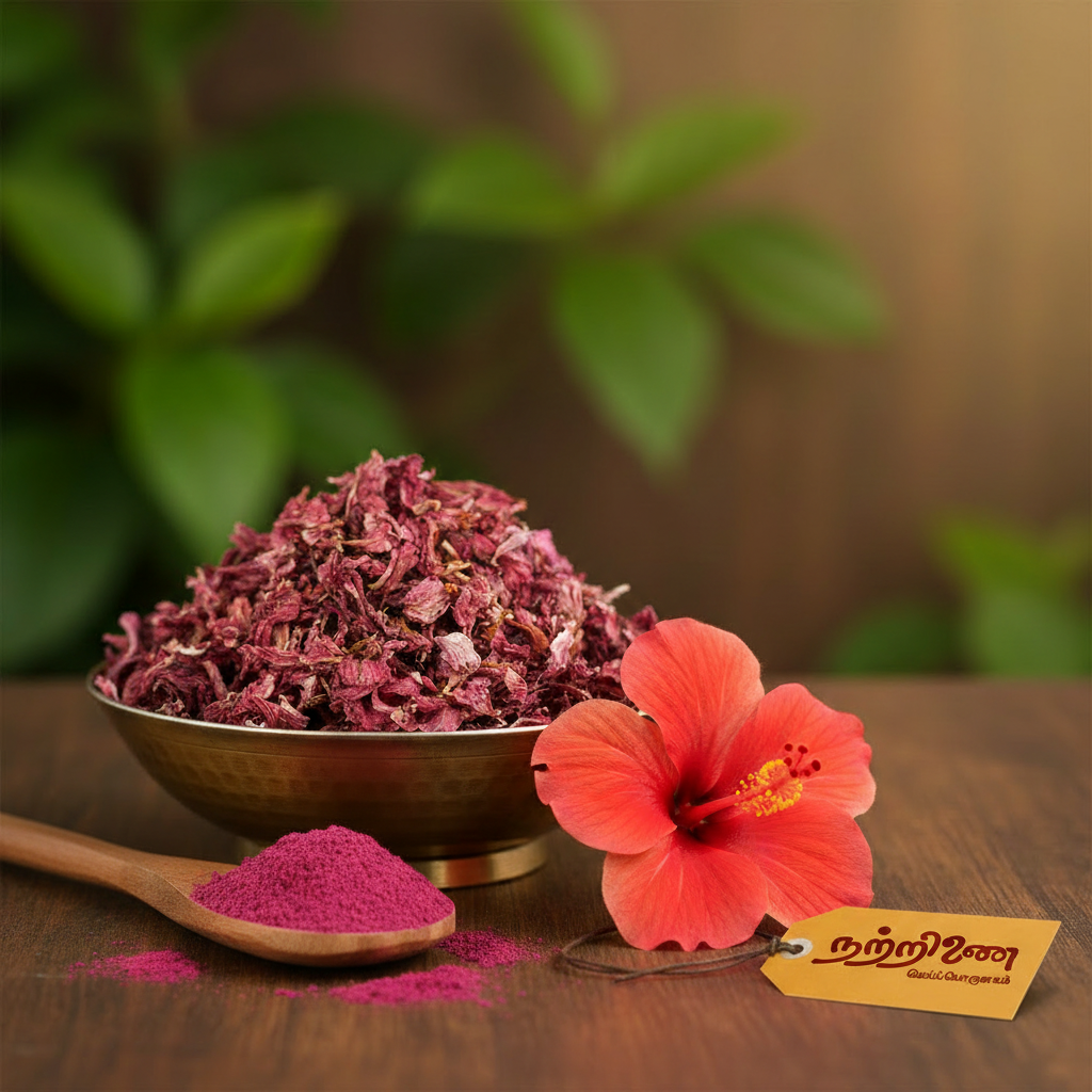 Sembaruthi Poo dried hibiscus petals in brass bowl with powder spoon and fresh flower and Nattrinai saffron logo tag