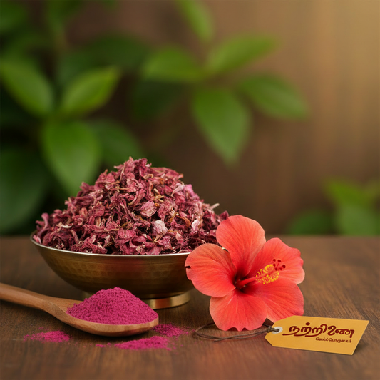 Sembaruthi Poo dried hibiscus petals in brass bowl with powder spoon and fresh flower and Nattrinai saffron logo tag