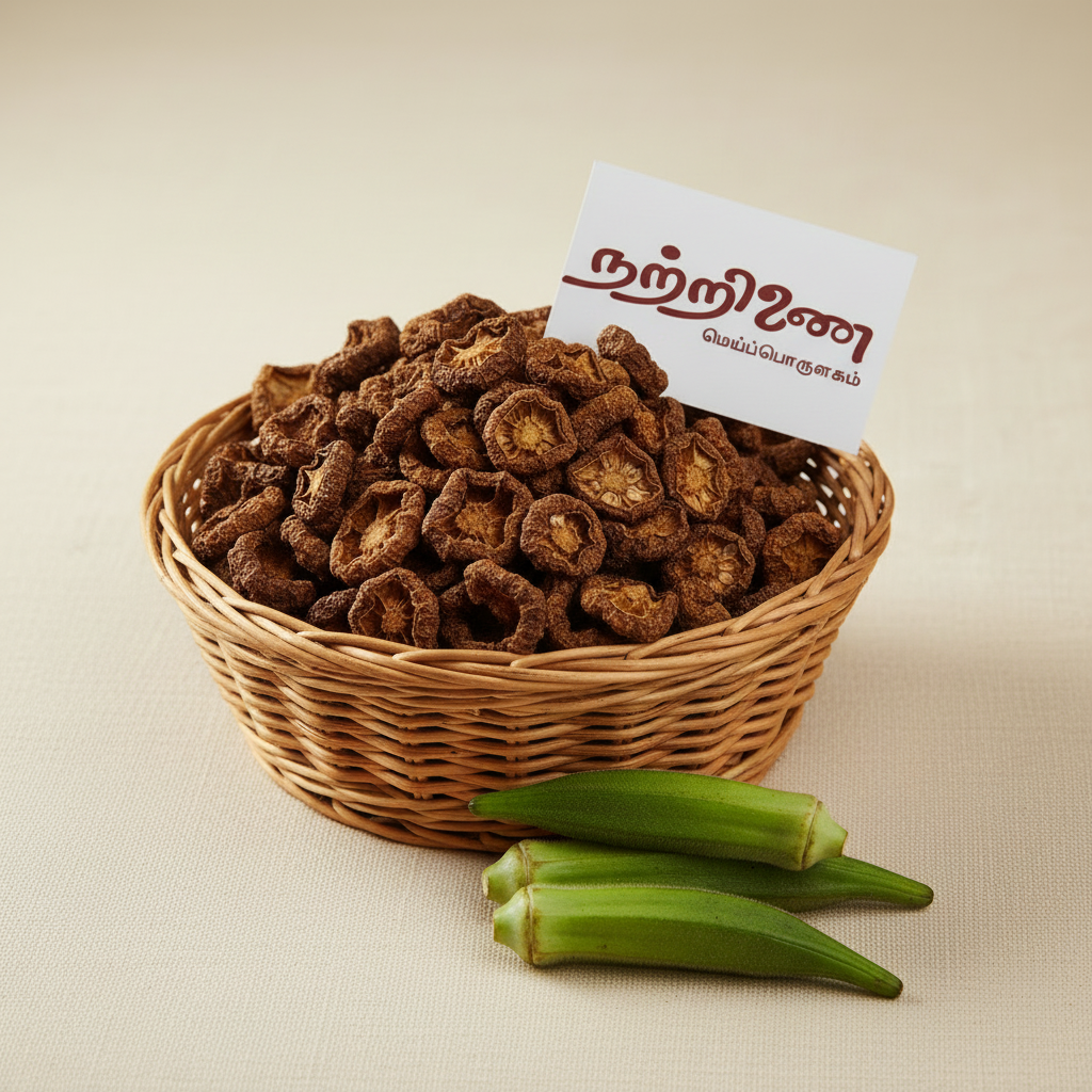 Vendaikai Vathal sun-dried okra with fresh okra in foreground and Nattrinai branded tag