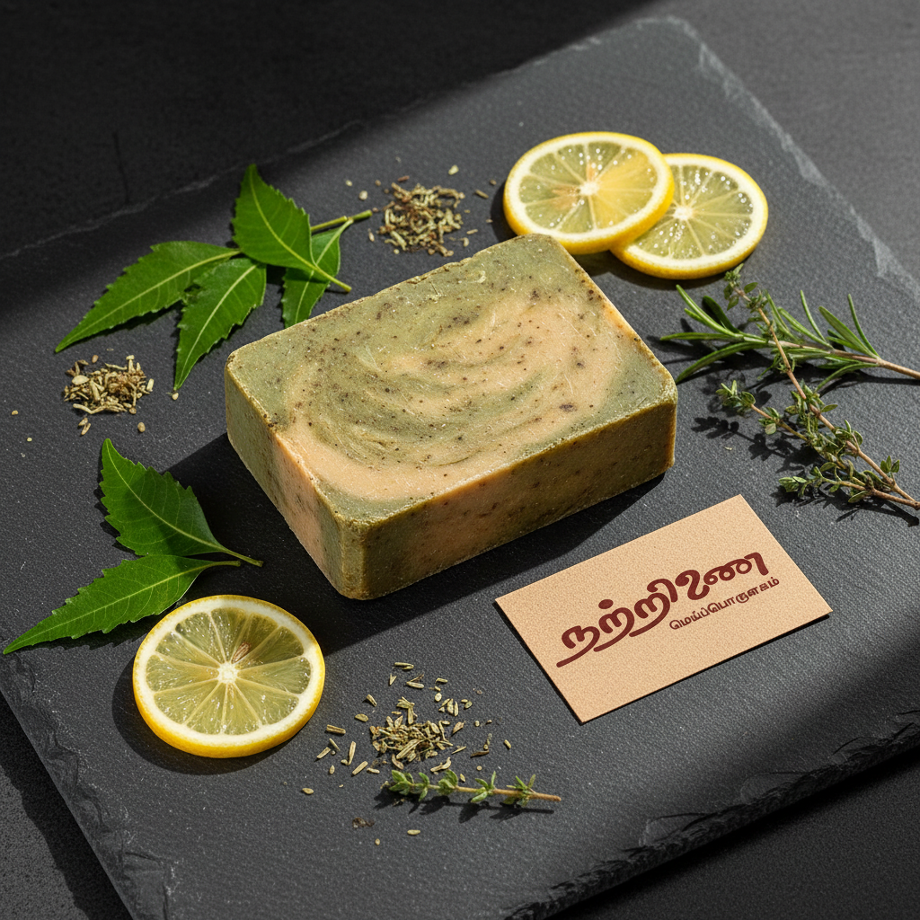 Nattrinai Natural Dish Wash Soap bar with neem leaves and herbs on dark slate surface with brand tag placed flat beside it