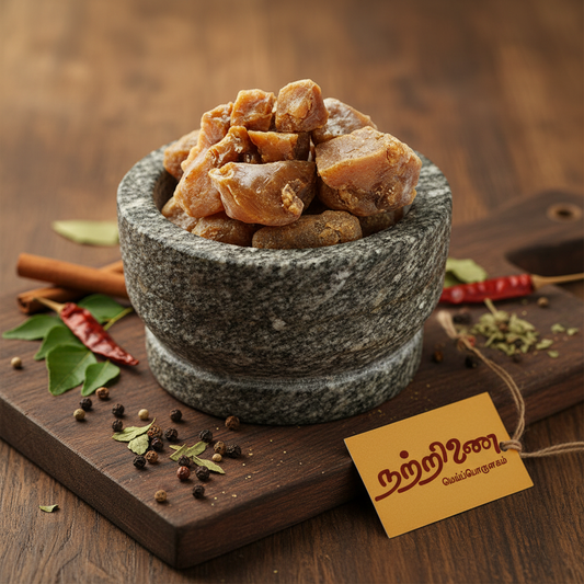 Paal Perungayam asafoetida resin in stone bowl with earthy background and Nattrinai saffron logo tag