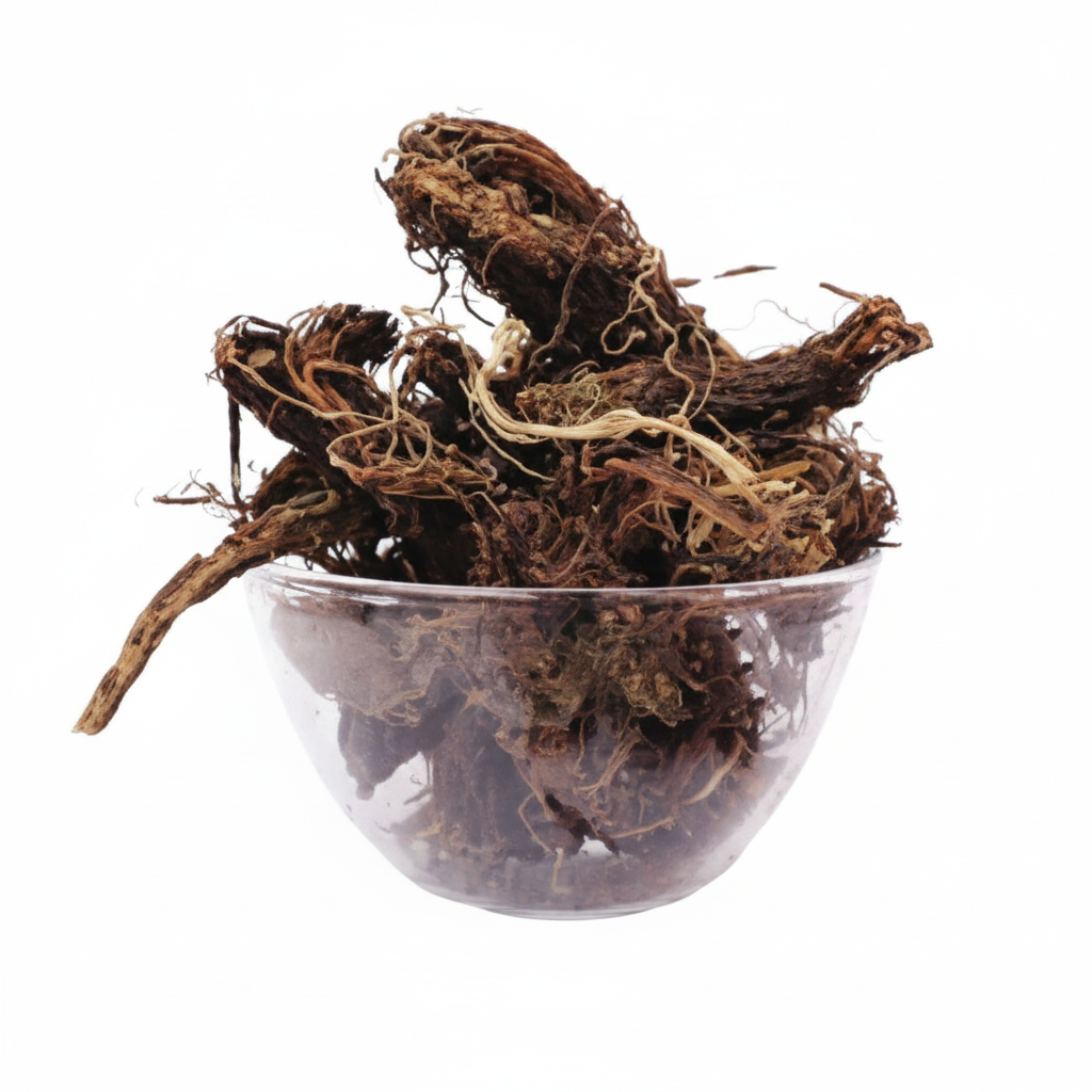 Nattrinai Jada Manji Spikenard Nardostachys jatamansi dark fibrous roots in a glass bowl with brand tag