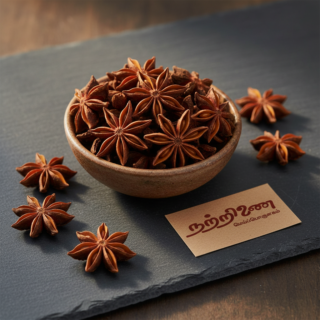 Nattrinai Annachi Poo whole star anise pods in a ceramic bowl on dark slate surface with brand tag placed flat beside it