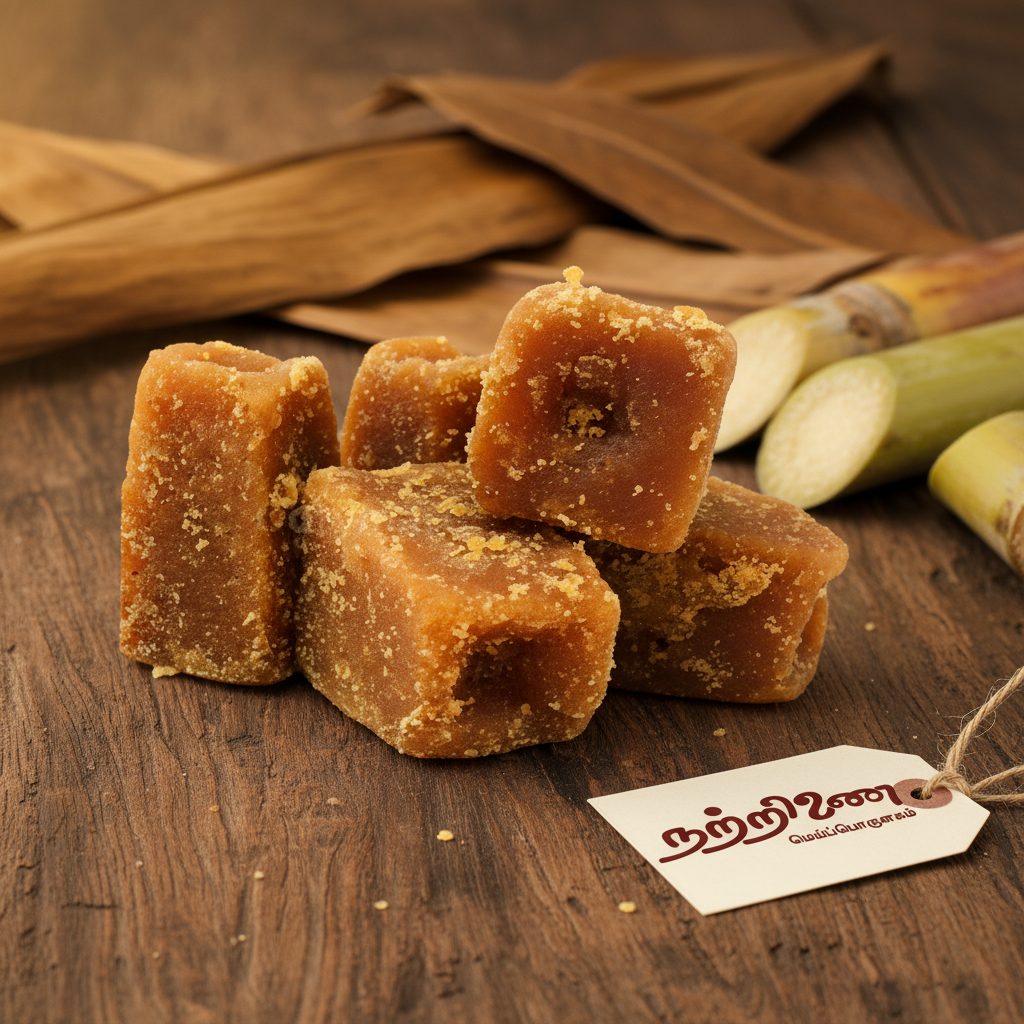 Achu Vellam traditional jaggery cubes with earthy background and Nattrinai logo tag